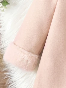 Elladie kids Young Girl Sweet Collar, Cuffs, Hem With Matching Rabbit Fur Bow Patchwork Front Placket Coat Collar Set (Includes Hat) Suitable For Late Autumn, Early Winter, Early Spring - Baby Pink - View 5