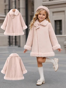 Elladie kids Young Girl Sweet Collar, Cuffs, Hem With Matching Rabbit Fur Bow Patchwork Front Placket Coat Collar Set (Includes Hat) Suitable For Late Autumn, Early Winter, Early Spring - Baby Pink - View 4