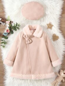 Elladie kids Young Girl Sweet Collar, Cuffs, Hem With Matching Rabbit Fur Bow Patchwork Front Placket Coat Collar Set (Includes Hat) Suitable For Late Autumn, Early Winter, Early Spring - Baby Pink - View 1