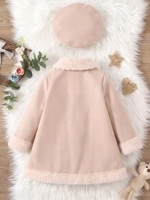 Elladie kids Young Girl Sweet Collar, Cuffs, Hem With Matching Rabbit Fur Bow Patchwork Front Placket Coat Collar Set (Includes Hat) Suitable For Late Autumn, Early Winter, Early Spring - Baby Pink - View 2