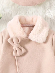 Elladie kids Young Girl Sweet Collar, Cuffs, Hem With Matching Rabbit Fur Bow Patchwork Front Placket Coat Collar Set (Includes Hat) Suitable For Late Autumn, Early Winter, Early Spring - Baby Pink - View 6