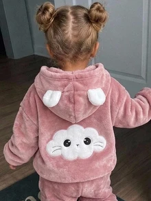 SHEIN Babygirl Cute Casual Fluffy Cartoon Pattern Hooded Winter Jacket - Dusty Pink - View 6