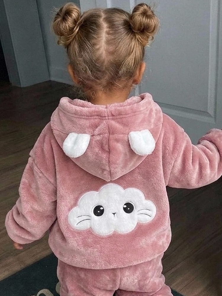 SHEIN Babygirl Cute Casual Fluffy Cartoon Pattern Hooded Winter Jacket - Dusty Pink - View 6
