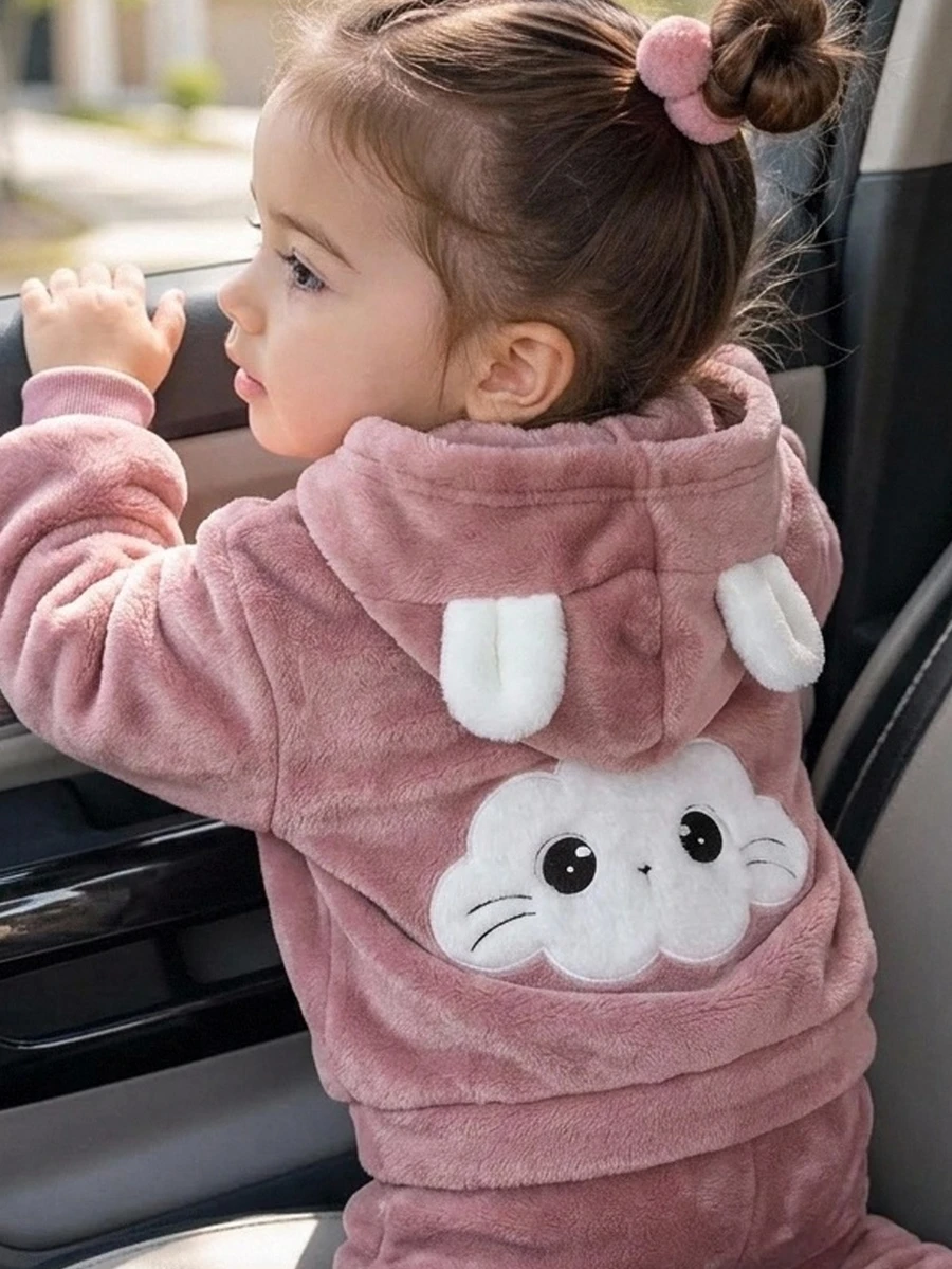 SHEIN Babygirl Cute Casual Fluffy Cartoon Pattern Hooded Winter Jacket - Dusty Pink - View 1