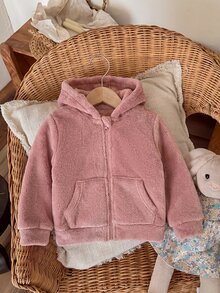 SHEIN Babygirl Cute Casual Fluffy Cartoon Pattern Hooded Winter Jacket - Dusty Pink - View 4