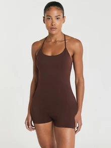 11SKNDS Strappy Crossback Short Romper With Scoop Neckline And Built-In Support Sleeveless One-Piece Unitard With Sweat-Wicking & Stretchy, For Gym Workout Fitness Pilates Studio, Running, Training & Hy-Rox - Chocolate Brown - View 6