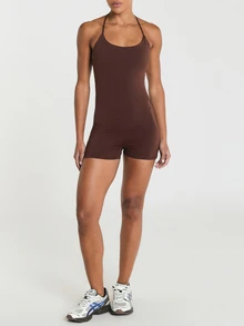 11SKNDS Strappy Crossback Short Romper With Scoop Neckline And Built-In Support Sleeveless One-Piece Unitard With Sweat-Wicking & Stretchy, For Gym Workout Fitness Pilates Studio, Running, Training & Hy-Rox - Chocolate Brown - View 4