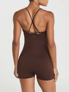 11SKNDS Strappy Crossback Short Romper With Scoop Neckline And Built-In Support Sleeveless One-Piece Unitard With Sweat-Wicking & Stretchy, For Gym Workout Fitness Pilates Studio, Running, Training & Hy-Rox - Chocolate Brown - View 3