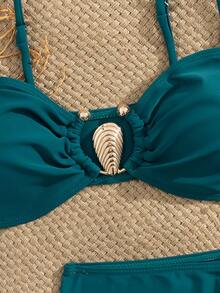 SHEIN Swim 3件組女款青色比基尼泳衣，純色金屬裝飾細肩帶比基尼套裝附裙子，夏季休閒優雅度假時尚沙灘裝 - 水鴨藍 - 查看 6