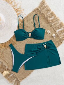 SHEIN Swim 3件組女款青色比基尼泳衣，純色金屬裝飾細肩帶比基尼套裝附裙子，夏季休閒優雅度假時尚沙灘裝 - 水鴨藍 - 查看 1
