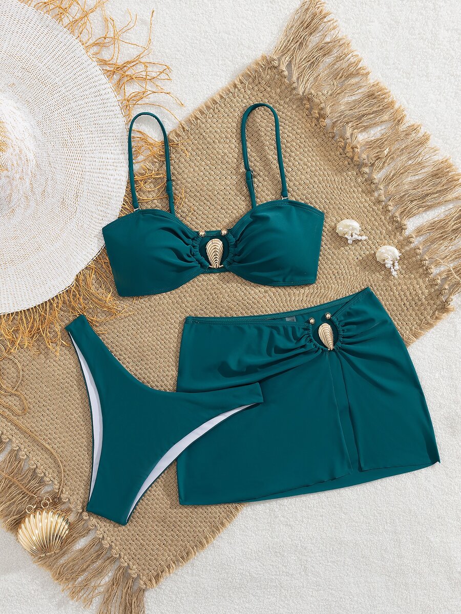 SHEIN Swim 3件組女款青色比基尼泳衣,純色金屬裝飾細肩帶比基尼套裝附裙子,夏季休閒優雅度假時尚沙灘裝 - 水鴨藍 - 查看 1