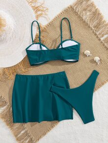 SHEIN Swim 3件組女款青色比基尼泳衣，純色金屬裝飾細肩帶比基尼套裝附裙子，夏季休閒優雅度假時尚沙灘裝 - 水鴨藍 - 查看 2