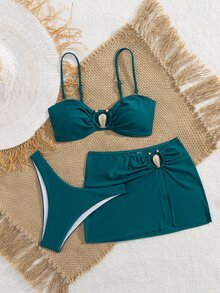 SHEIN Swim 3件組女款青色比基尼泳衣，純色金屬裝飾細肩帶比基尼套裝附裙子，夏季休閒優雅度假時尚沙灘裝 - 水鴨藍 - 查看 5