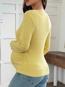 Dazy Maternity Contrast Button Fitted Long Sleeve Elastic Ribbed Casual Daily Versatile Spring/Autumn Maternity T-Shirt Vacation - Yellow - View 2