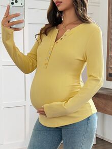 Dazy Maternity Contrast Button Fitted Long Sleeve Elastic Ribbed Casual Daily Versatile Spring/Autumn Maternity T-Shirt Vacation - Yellow - View 5
