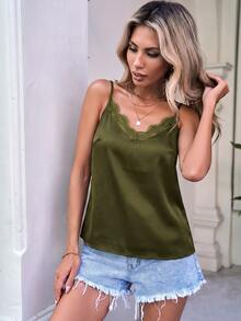 Easowa Women's Solid Color Contrast Lace Camisole,Summer Top - Olive Green - View 5
