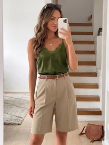 Easowa Women's Solid Color Contrast Lace Camisole,Summer Top - Olive Green - View 9