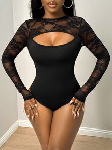 BamGleam Atmospheric Lace Patchwork Cutout Design Slimming Elastic Bodysuit - Black - View 4