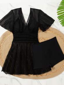 Women's Solid Color V-Neck Mesh Short Sleeve Casual Swimsuit Cover Up Dress For Vacation Summer - Black - View 5