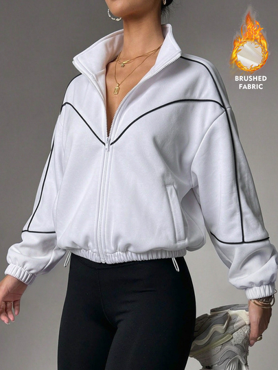 StreetHx Women's Casual White Drawstring Hem Knit Sweatshirt Sports Jacket, Line Decoration, Minimalist Zipper Sports Jacket, Thermal Lined Loose Fit Daily Casual Workout, Autumn/Winter Outerwear