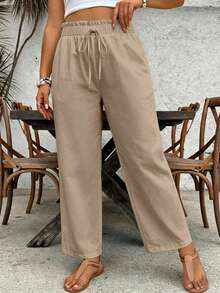 SHEIN VCAY Plus Size Women Casual Solid Color Paper Bag Waist Pants Fall - Khaki - View 4