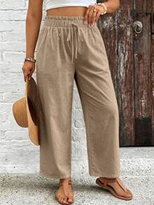 SHEIN VCAY Plus Size Women Casual Solid Color Paper Bag Waist Pants Fall - Khaki - View 5