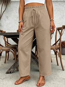 SHEIN VCAY Plus Size Women Casual Solid Color Paper Bag Waist Pants Fall - Khaki - View 1