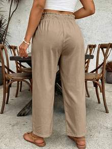 SHEIN VCAY Plus Size Women Casual Solid Color Paper Bag Waist Pants Fall - Khaki - View 2