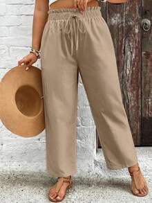 SHEIN VCAY Plus Size Women Casual Solid Color Paper Bag Waist Pants Fall - Khaki - View 3