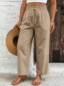 SHEIN VCAY Plus Size Women Casual Solid Color Paper Bag Waist Pants Fall - Khaki - View 6