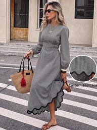 Serisse Rochie elegantă de damă cu carouri, mânecă lungă, pentru birou și afaceri, toamnă/iarnă, stil casual elegant, formal, modern, fairy, clasic, pentru nuntă