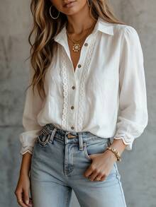 SHEIN Women's Bohemian Style Hollow Lace White Shirt, Elegant Lapel Single-Breasted Slimming Outerwear Long Sleeve Blouse - White - View 4