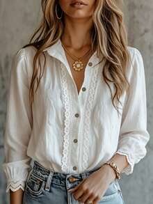 SHEIN Women's Bohemian Style Hollow Lace White Shirt, Elegant Lapel Single-Breasted Slimming Outerwear Long Sleeve Blouse - White - View 2