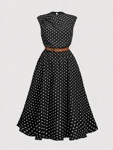 SHEIN MOD Plus-Size Retro Polka Dot Dress With Belt, Black. Suitable For Everyday Commuting, Holidays, And Autumn/Winter. - Black - View 3