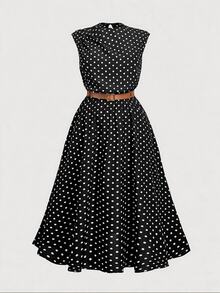SHEIN MOD Plus-Size Retro Polka Dot Dress With Belt, Black. Suitable For Everyday Commuting, Holidays, And Autumn/Winter. - Black - View 2