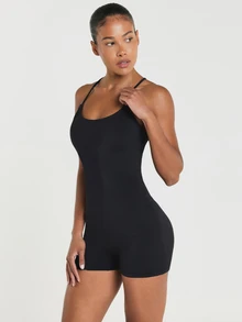 11SKNDS Strappy Cross-Back Unitard Romper With Scoop Neck, Built-In Support, Short Length, Sleeveless One-Piece Jumpsuit With Sweat-Wicking & Stretchy, For Gym Workout Fitness Yoga Pilates Studio, Running, Training & Hy-Rox - Black - View 6