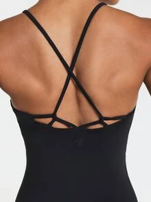 11SKNDS Strappy Cross-Back Unitard Romper With Scoop Neck, Built-In Support, Short Length, Sleeveless One-Piece Jumpsuit With Sweat-Wicking & Stretchy, For Gym Workout Fitness Yoga Pilates Studio, Running, Training & Hy-Rox - Black - View 5