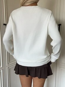 CovetEZ 女款可愛小狗圖案圓領長袖套頭白色針織毛衣，適合秋冬、派對、約會、畢業季、開學季、音樂節、基礎休閒、聖誕節、萬聖節 - 白色 - 查看 2