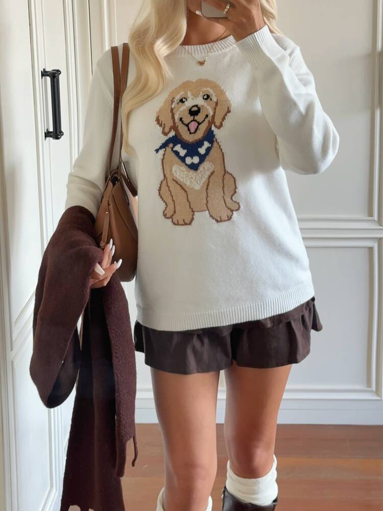 CovetEZ Women's Cute Puppy Pattern Round Neck Long Sleeve Pullover White Sweater, Women's Dog Sweater, Knitted Pullover Sweater, Suitable For Autumn/Winter, Party, Date, Graduation Season, Back To School, Music Festival, Basic Casual, Christmas, Halloween - White - View 3
