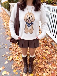 CovetEZ 女款可愛小狗圖案圓領長袖套頭白色針織毛衣，適合秋冬、派對、約會、畢業季、開學季、音樂節、基礎休閒、聖誕節、萬聖節 - 白色 - 查看 8