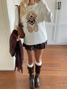 CovetEZ 女款可愛小狗圖案圓領長袖套頭白色針織毛衣，適合秋冬、派對、約會、畢業季、開學季、音樂節、基礎休閒、聖誕節、萬聖節 - 白色 - 查看 7