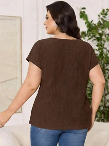 SHEIN Clasi 大码女式纯色圆领褶皱休闲百搭日常上衣 - 棕色 - 查看 2