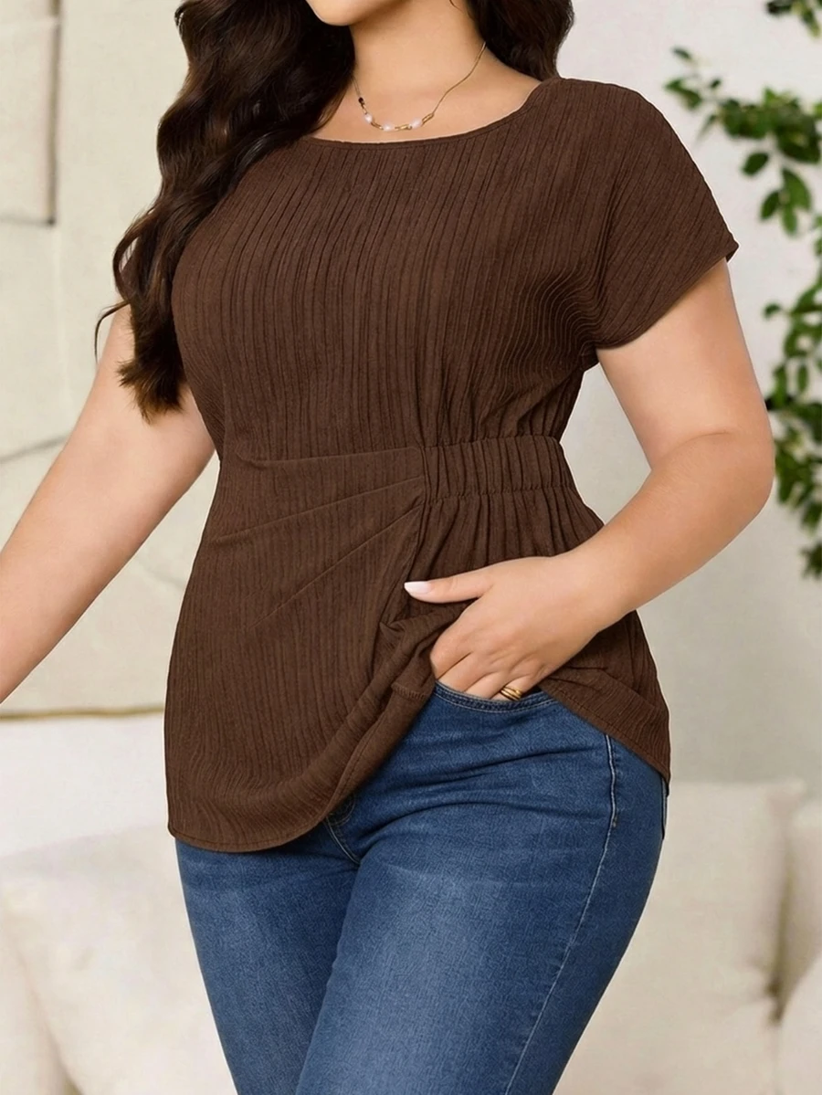 SHEIN Clasi 大码女式纯色圆领褶皱休闲百搭日常上衣 - 棕色 - 查看 1