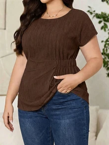 SHEIN Clasi 大码女式纯色圆领褶皱休闲百搭日常上衣 - 棕色 - 查看 4