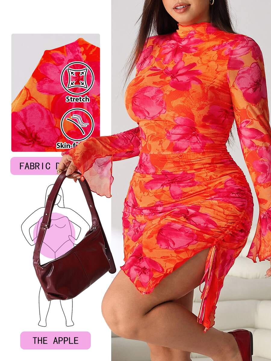 Solflare Plus Size Sexy Vacation Floral Print Drawstring Tie Side Slit Dress Fall - Multicolor - View 1
