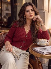 Elafinee Fashion Minimalist Single-Breasted Long Sleeve Knit Cardigan - Burgundy - View 4