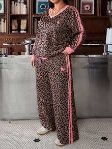 Muchica Plus Size Women's Leopard Print V-Neck Long Sleeve Sweatshirt And Pants Casual 2 Pieces Set - Multicolor - View 1