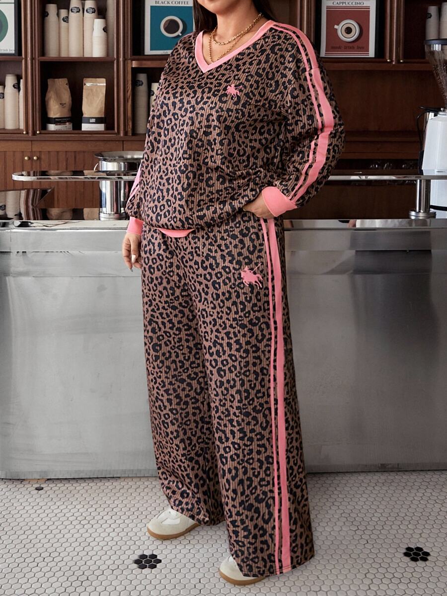 Muchica Plus Size Women's Leopard Print V-Neck Long Sleeve Sweatshirt And Pants Casual 2 Pieces Set - Multicolor - View 1
