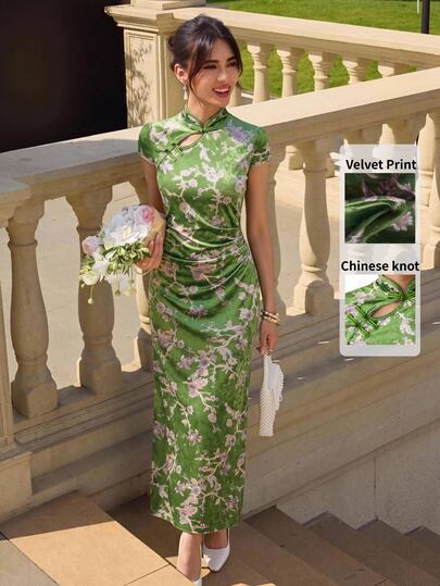 EastFlair Vestido Cheongsam de mujer estilo chino con botones de rana, abertura, terciopelo vintage y estampado