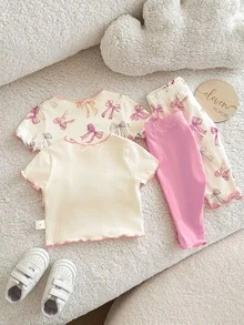 SHEIN 4件套新生女宝宝可爱夏季针织休闲粉色蝴蝶结图案短袖上衣和松紧腰裤套装 - 米色 - 查看 3